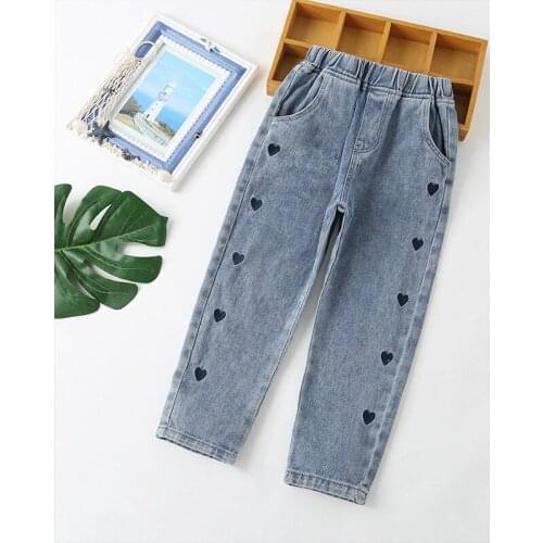 Spring and Autumn Kids Jeans Girls Korean Casual Heart Embroidery Grey Blue Straight Pants 110-160 Childrens Denim 2021 NEW