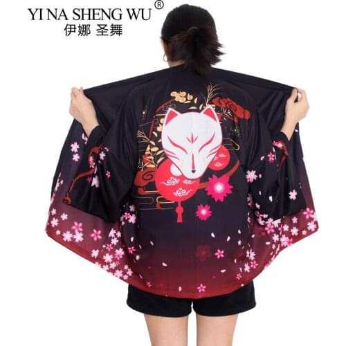 Yukata Women Kimono Cardigan Japan Kimono Asia Clothes Summer Fox Mask Printed Shirt Casual Loose Kawaii Kimono Costume Coat