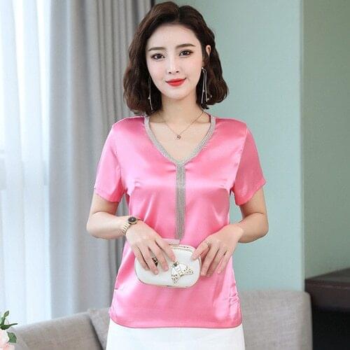 2019 Summer Women Blouse Silk OL Work Satin Shirt Korea Elegant Silver Tassel short-Sleeved top Plus Size Female Clothes blusas