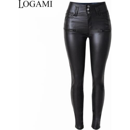LOGAMI High Waist Women Pu Leather Pants Black Sexy Stretch Bodycon Trousers Women Long Pants