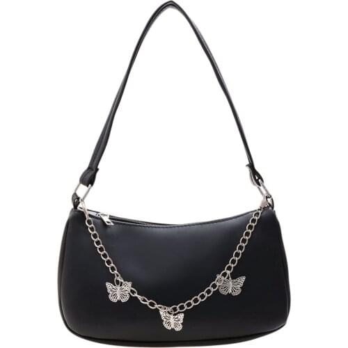 Small Ladies Pure Color Shoulder Bags Popular Butterfly Chain Zipper Handbags PU Leather Simple Underarm Bags