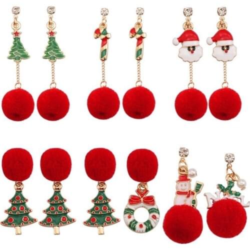 Trendy Red Pompom Earrings Christmas Tree Wreath Santa Claus Snowman Earrings For Women Fashion Long Earrings Xmas Gift