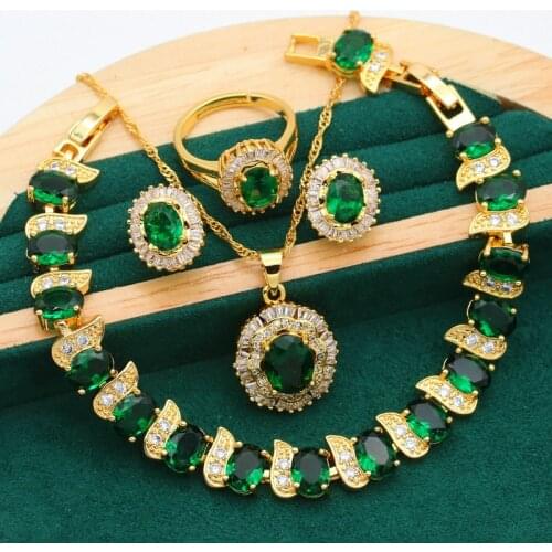 New Arrivals Gold Color Jewelry Sets For Women Wedding Green Zircon Bracelet Earrings Necklace Pendant Ring Free Gift Box 4PCS