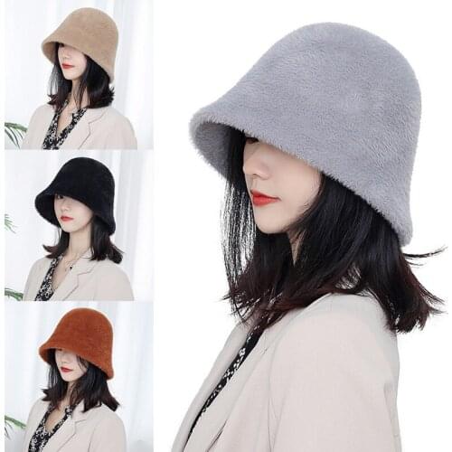 Female Imitation Mink Fur Bucket Hats Thick Warm Winter Solid Color Women Hats Knitted Hats Foldable Brim Fisherman Cap