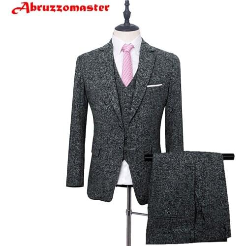 Abruzzomaster Textured Man Suit Black Jacket for Groom Tuxedos Tweed Suits 3 Pieces Wedding Suit Tailor Suit Man Coat
