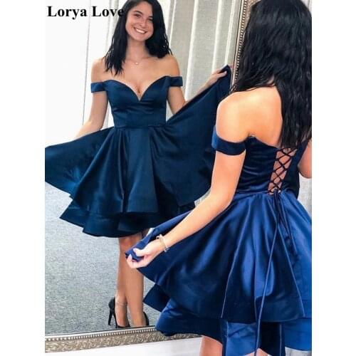 Navy Blue Satin Cocktail Dresses 2020 Elegant Short Prom Dresses Off Shoulder Vestidos De Gala Women Homecoming Graduation Gowns