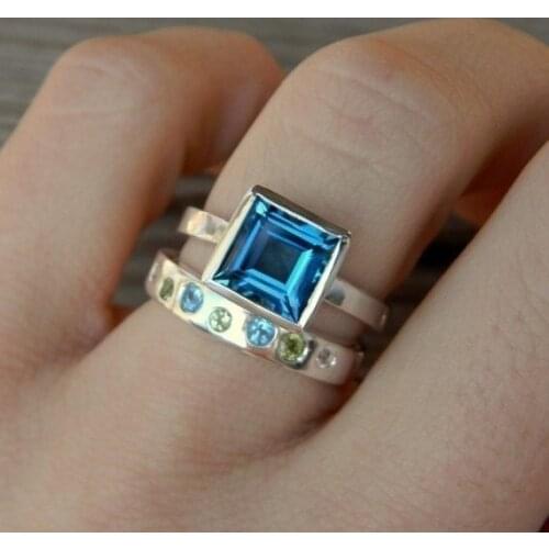 Vintage Blue Zircon Ring Anniversary Engagement Party Bohemian Statement Girl Gift Fashion Women Rings