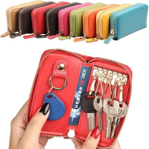 Vintage Genuine Leather Key Wallet Women Keychain Covers Zipper Key Case Bag Men Key Holder Housekeeper Keys Organizer