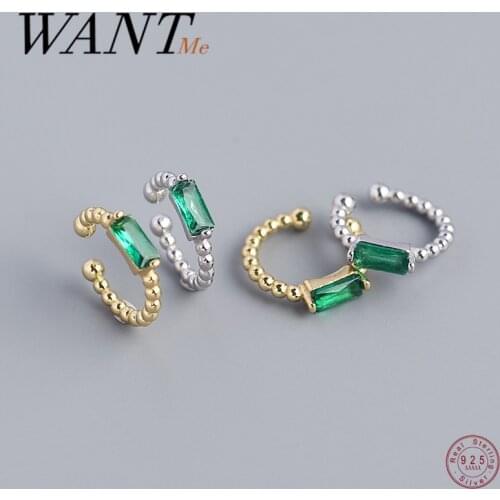 WANTME Real 925 Sterling Silver Fashion Korean Green Zircon Ear Clip Earrings for Women Without Piercing Charms Ear Cuff Jewelry