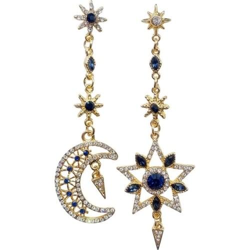 Womens Personality Shining Crystal Long Party Earring Korean Trendy Star Moon Asymmetric Dangle Earrings jewelery
