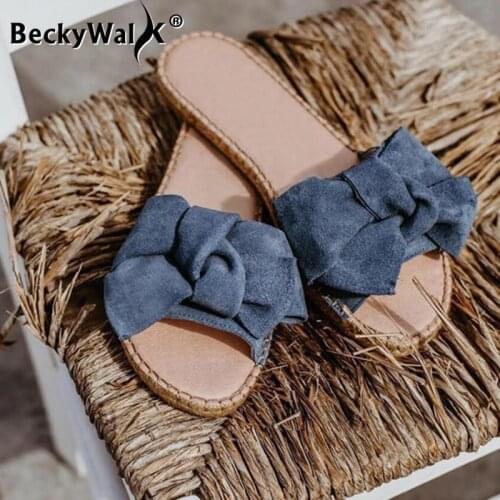 4 Colors Women Sandals Slides Shoes Woman Summer Beach Sandalias Mujer Flock Bowknot Beach Slippers Flip Flop Ladies WSH3617