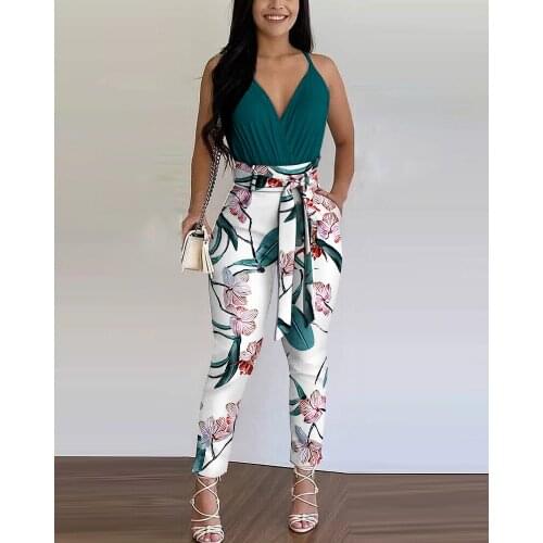 Women 2 Pieces Set Summer Plain Ruched Top Floral Print Pants Colorblock With Belt 2021 Femme Casual Outfits y2k