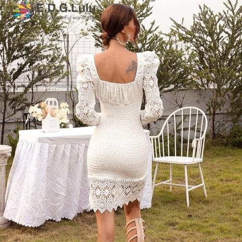 EDGLuLu Square Neck Puff Sleeve Mini Designer Dress Women Luxury 2021 Runway Backless Hollow Embroidery White Lace Dress 0621