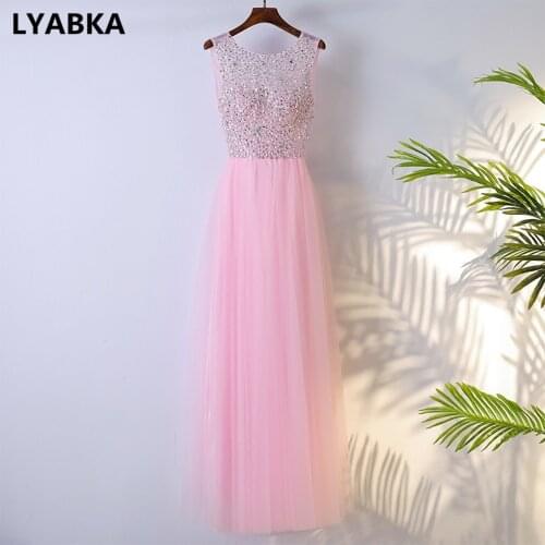 Evening Dress Abendkleider 2019 Design Scoop Neck Pink Prom Dress Tulle With Sequined Evening Dresses Long Dress Robe De Soiree