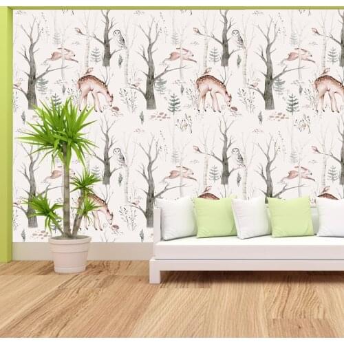 3d Deer in Forest Cartoon Walls Murals Simple Stripe Wallpapers for Living Room Self Adhesive Wall Papers Home Decor Fotomural