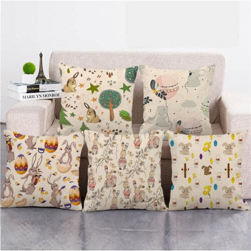 45cm*45cm Happy Easter Eggs Cute Rabbit Color Flowers Linen/cotton Throw Pillow Covers Couch Cushion Cover Home Decor Pillowcase