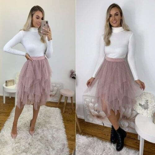 Fashion Dusty Pink Ruffles Asymmetrical Midi Tulle Skirts Women Zipper Tiered Fashion Knee Length Tutu Skirt Custom Made