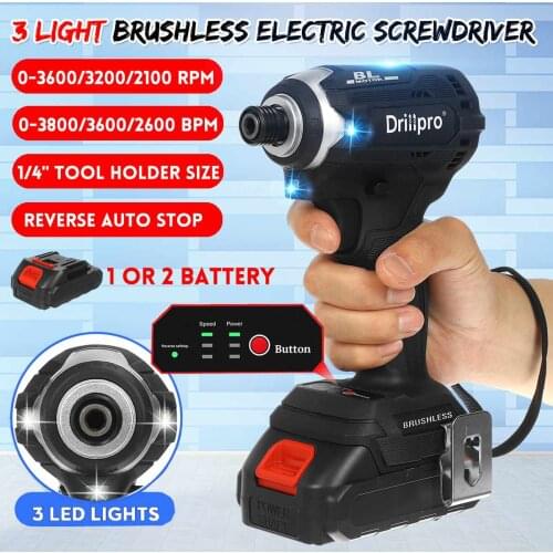 Brushless Electric Screwdriver Speed 1/4 inch Cordless Wrench Rechargable Driver Power Tool +3 LED Light 2 X Lithium-Ion Battery