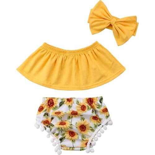 Citgeett Newborn Baby Gils Off Shoulder Yellow Solid Tops +Floral Sunflower Shorts+Headband Outfits Set Cute Summer 3pcs