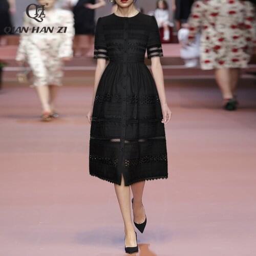 Qian Han Zi designer high-end summer dress Single-breasted fashion embroidered Patchwork Hook flower hollow dress for Women