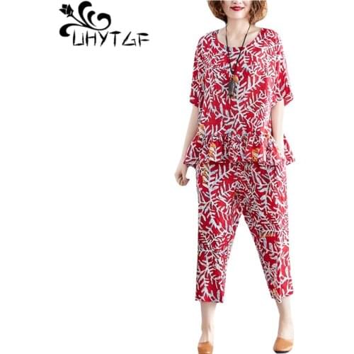 UHYTGF Elegant mother summer 2 piece set fashion cotton linen printed ruffles women suit soft casual loose plus size costume1125