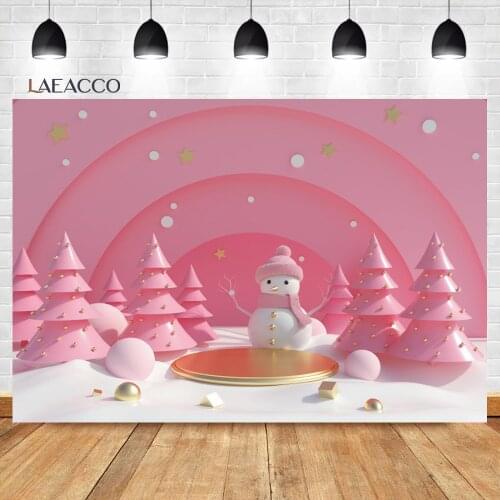 Laeacco Princess Christmas Photocall Backdrop For Photography Pink Cartoon Snowman Pine Tree Baby Portrait Customized Background