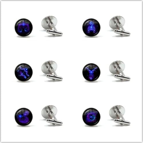 Classic 16mm Glass Cabochon Galaxy Constellation Design 12 Zodiac Sign Horoscope Astrology Cufflinks For Male Gentleman Shirt