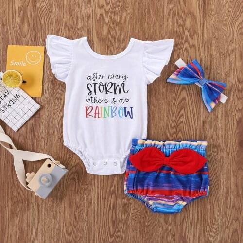 0-18M Cute Infant Baby Girl Clothing Fly Sleeve Letter Print Romper Top+Bow Cartoon Rainbow Print Triangle Shorts+Headband