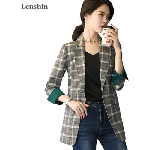 Lenshin Soft and Comfortable High-quality Plaid Jacket with Pocket Office Lady Casual Blazer Women Wear Single Button Coat