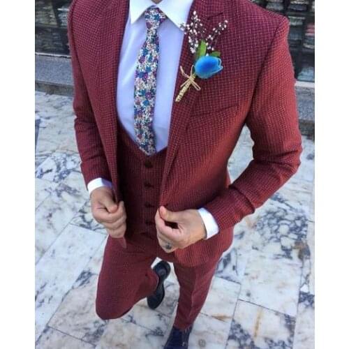 Latest Houndstooth Mens Suits Tuxedo Costume Homme Mariage Slim Fit Blazer Masculino Terno Traje Hombre 3 Pcs Jacket Pant Vest