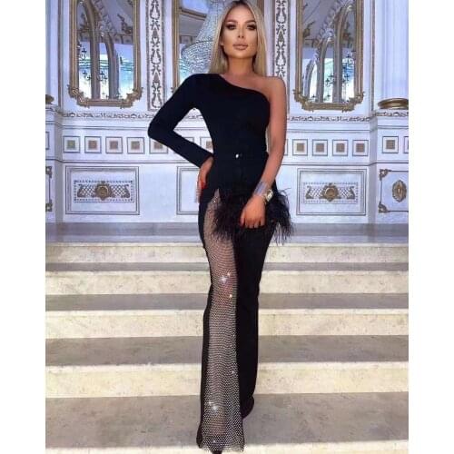 2021Summer New European And American INS NightclubHigh Hot Drilling Micro Horn High Waist Slim One-Shoulder Jumpsuit