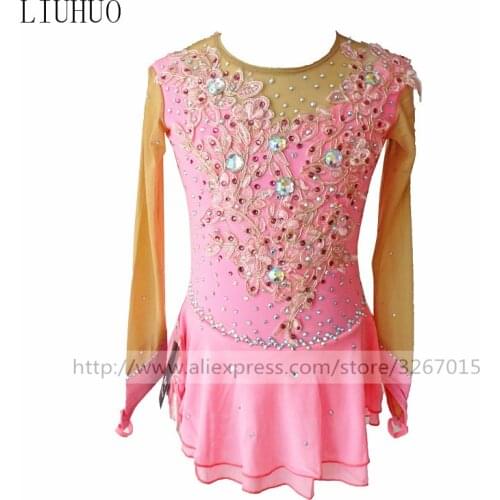 Figure Skating Dress Womens Girls' Ice Skating Dress Pink round neck long sleeve Delicate applique diamond decoration