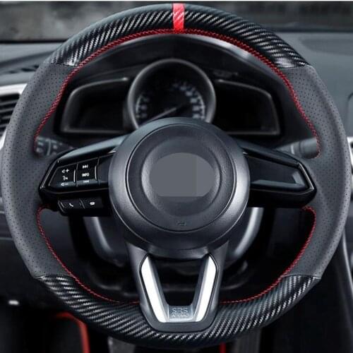 Hand-stitched Non-slip Black Carbon Fiber Leather Car Steering Wheel Cover For Mazda 3 Axela Mazda 6 Atenza CX-3 2018-2019