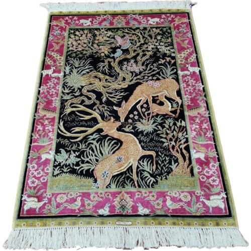 Seeykeep™ 2.7x4ft Rectangle Silk Handknotted Stunning Pictorial Garden Of EDEN With Animals And Pink Border Design Rug-FC3016025