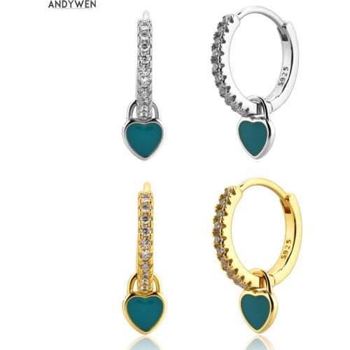 ANDYWEN 925 Sterling Silver Turquoise Enamel Heart Pendiente Drop Earring Circle Piercing Ohrringe Earring Jewelry Rock Punk