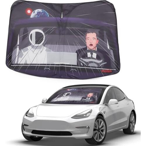 For Tesla Model 3/Y Front Window Car Sun Visor Foldable Windshield SunShade UV Protection Elon and Spaceman Tesla Model Y/3 Use