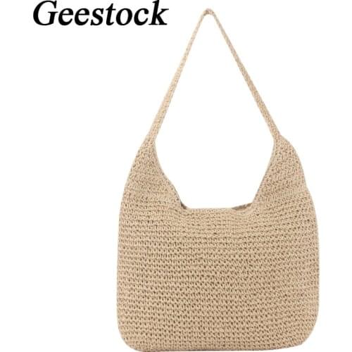 Geestock Fashion Shoulder Bag for Women Rattan Woven Handbags Designer Female Large Capacity Beach Bags Tote