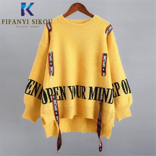 Stretch Knitted Sweater Women Streetwear Fashion Ribbon Letter Pullovers O-Neck Long Sleeve Jumpers Tops Warm Sweaters 2020 New