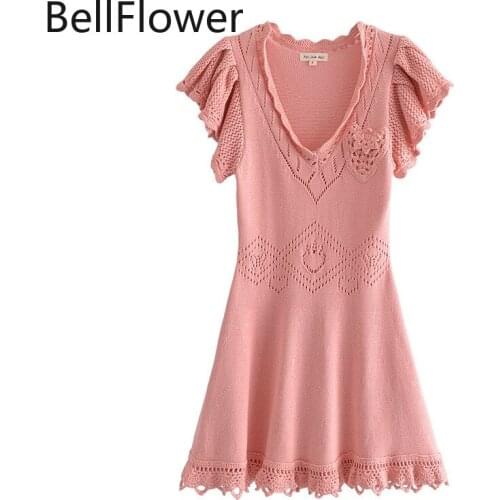 Knitting Mini Dress Women Clothing Autumn New A-LINE Korean Fashion Casual Cotton V-Neck Butterfly Sleeve Pullover Solid Dresses