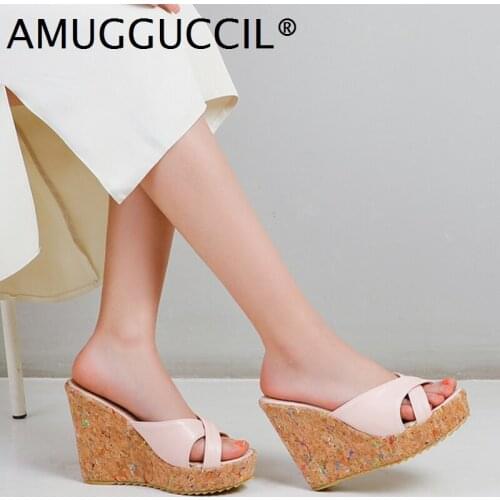 2021 New Plus Big Size 34-43 Black Pink Fashion High heel Platform Summer Females Lady Women Wedges Sandal Slippers L1303