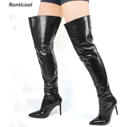 Ronticool New Women Winter Thigh Boots Sexy Croc Pattern Stiletto Heels Pointed Toe Black Wine Red Club Shoes Women Us Size 5-15