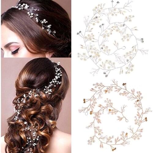 Women Bridal Wedding Fashion Alloy Chain Headdress Headwear Handmade Crystal Pearl Headband Hair Accessories Hairpin Decorative