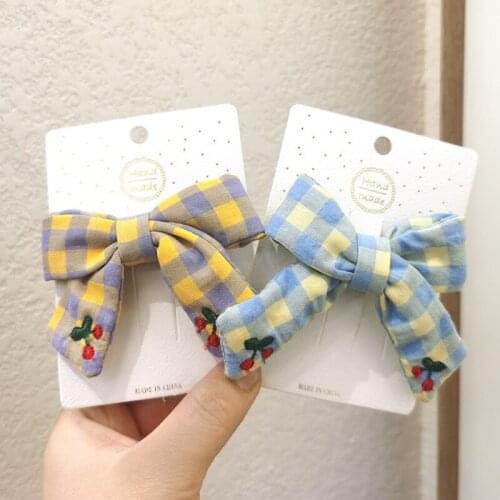 1 Pcs Korea Children Sweet Lovely Cherry Plaid Fabric Bow Flower Clip Simple Fashion Girl Princess Barrettes Hair Accessories