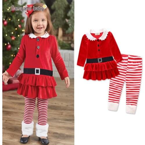 Sweet Girls Red Long Sleeved Dress + Striped Pants 2pcs Suits,kids Girl Christmas Clothing Set Children Wear