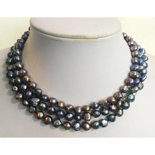 3 rows Woman Fashion Jewelry baroque natural pearl 10mm black brown gray green purple Necklace real freshwater pearl