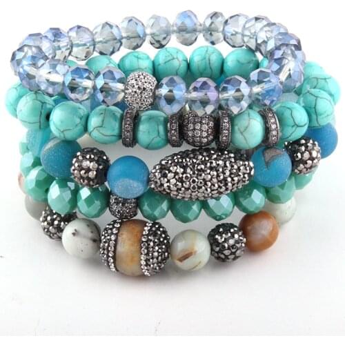 Fashion Beautiful 5pc set Blue/red/multi Bracelet Set Natural Stone & Glass Crystal Pave Bracelets