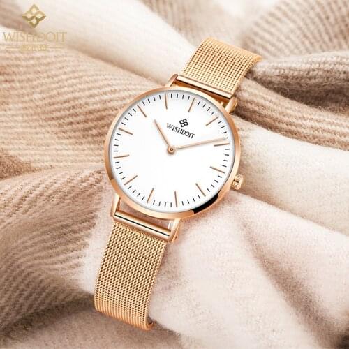 WISHDOIT Ladies Watches Fashion Simple Small Dial Mesh Belt Double Safety Buckle Couple Elegant Quartz Wristwatch Women