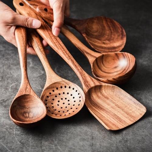 Teak Natural Wooden Tableware Spoon Ladle Turner Rice Colander Soup Skimmer Cooking Set Spoon Scoop Kitchen Reusable Tool Kit
