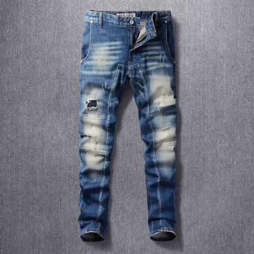 Fashion Streetwear Men Jeans High Quality Slim Fit Retro Ripped Denim Cotton Long Trousers Spliced Designer Hip Hop Biker Pants