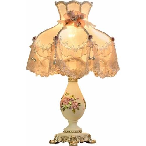 French rustic resin desk light fabric lampshade princess room deco table lamps lamparas dormitorio Bedroom lighting fixtures